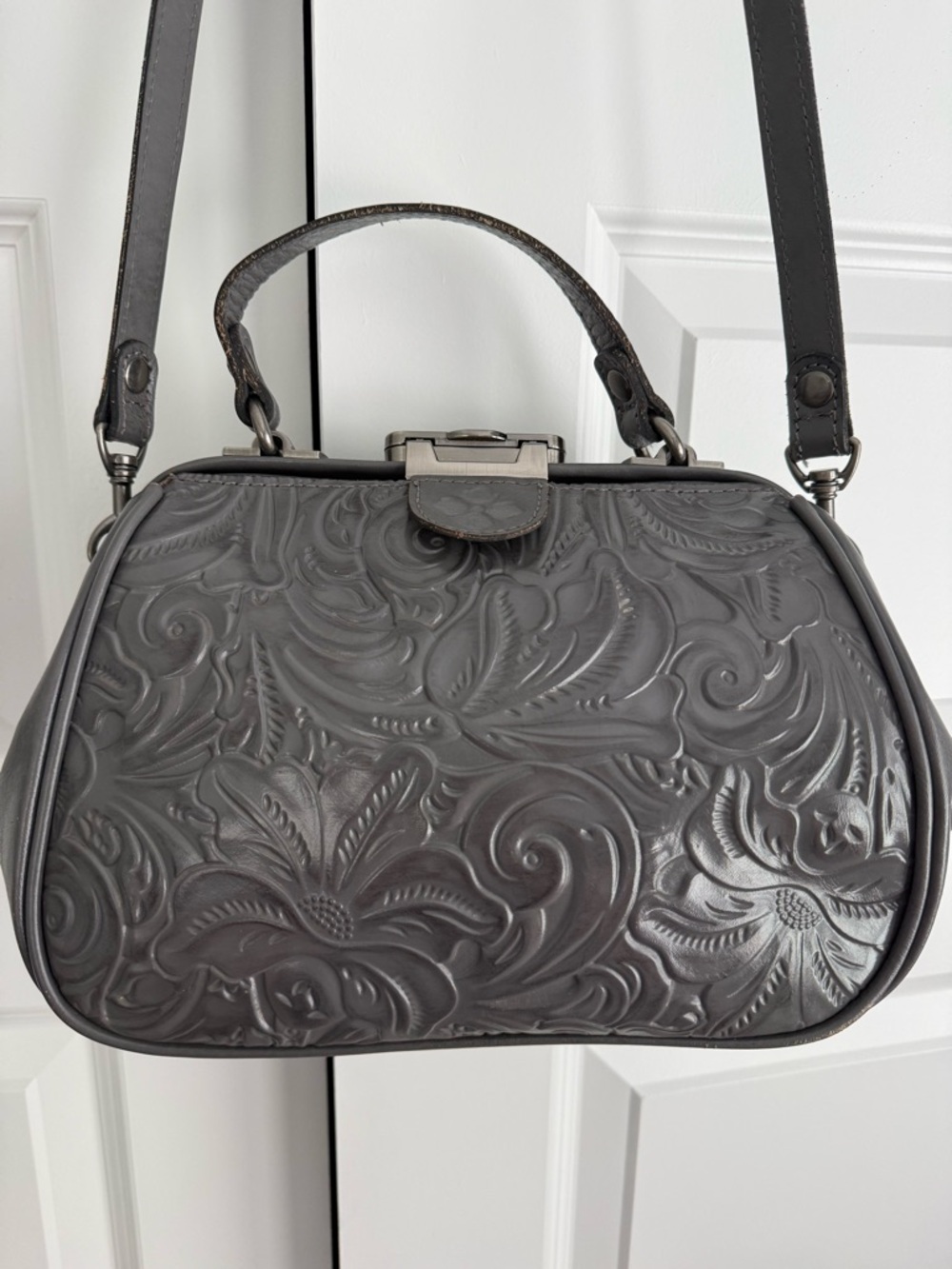 Patricia Nash Tooled Gray Floral Leather Satchel